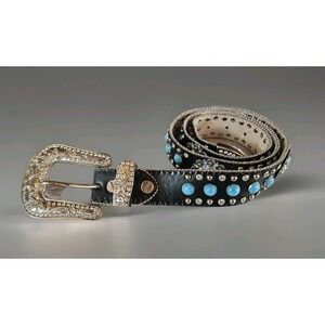 BHW Womens XL Bling Studded Turquoise Rhinestone Western Genuine Leather Belt 43